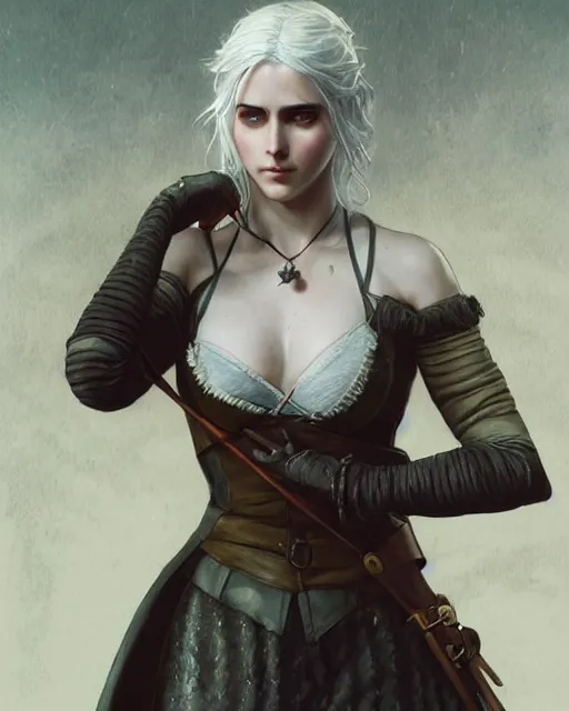 Image similar to Pre-Raphaelite Ciri from Witcher 3 by Artgerm and Greg Rutkowski, sharp focus, full body, intricate, elegant, highly detailed, digital painting, pale