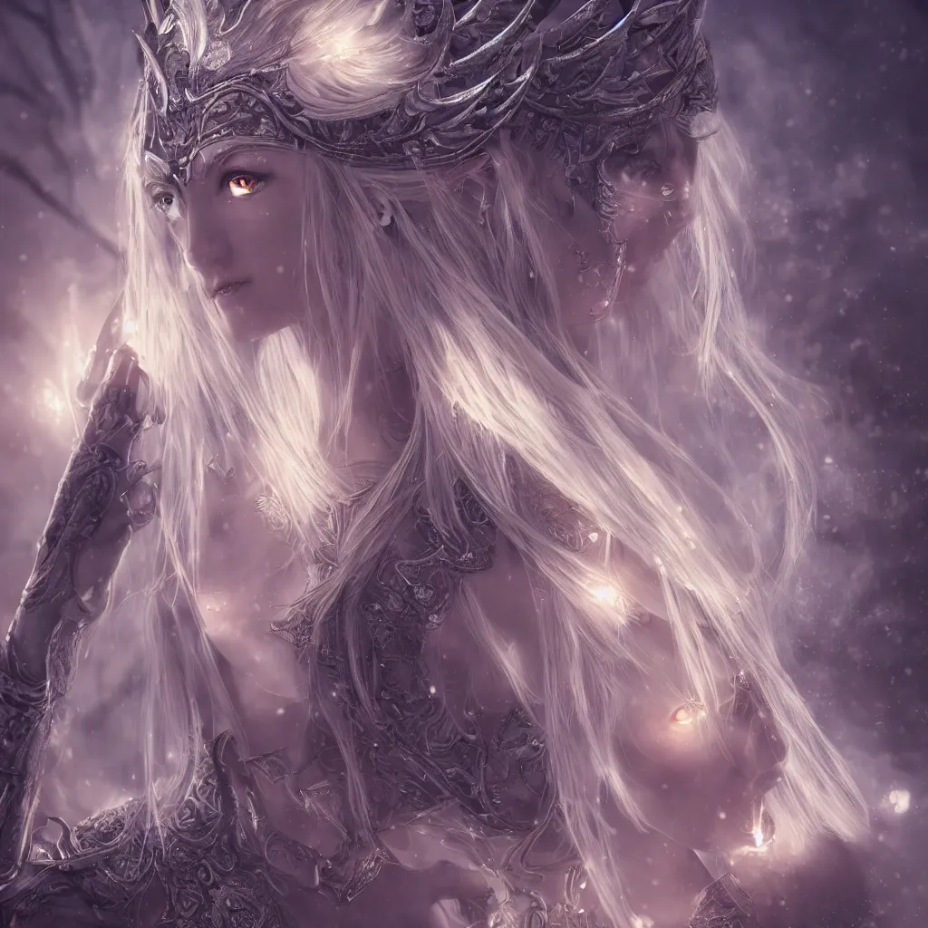 Prompt: kingdom of elves, silver haired elf archer, outside of time and space, dreamy, romantic, night lighting, gorgeous lighting, dramatic cinematic lighting, intricate, highly detailed, 8 k