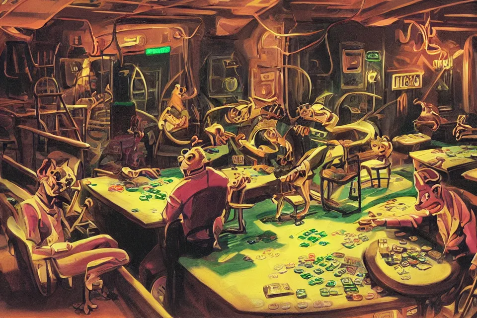 Prompt: rats rolling dice, neon basement, by john kricfalusi and syd mead