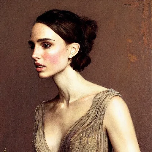 Image similar to portrait of nathalie portman dressed by alexander mcqueen | highly detailed oil painting, hyperrealistic, very intrincate | cinematic lighting, award - winning | by roberto ferri, gustav klimt, william waterhouse and tom bagshaw | by austin osman spare and william blake, trending on artstation, cgsociety, official art, octane.