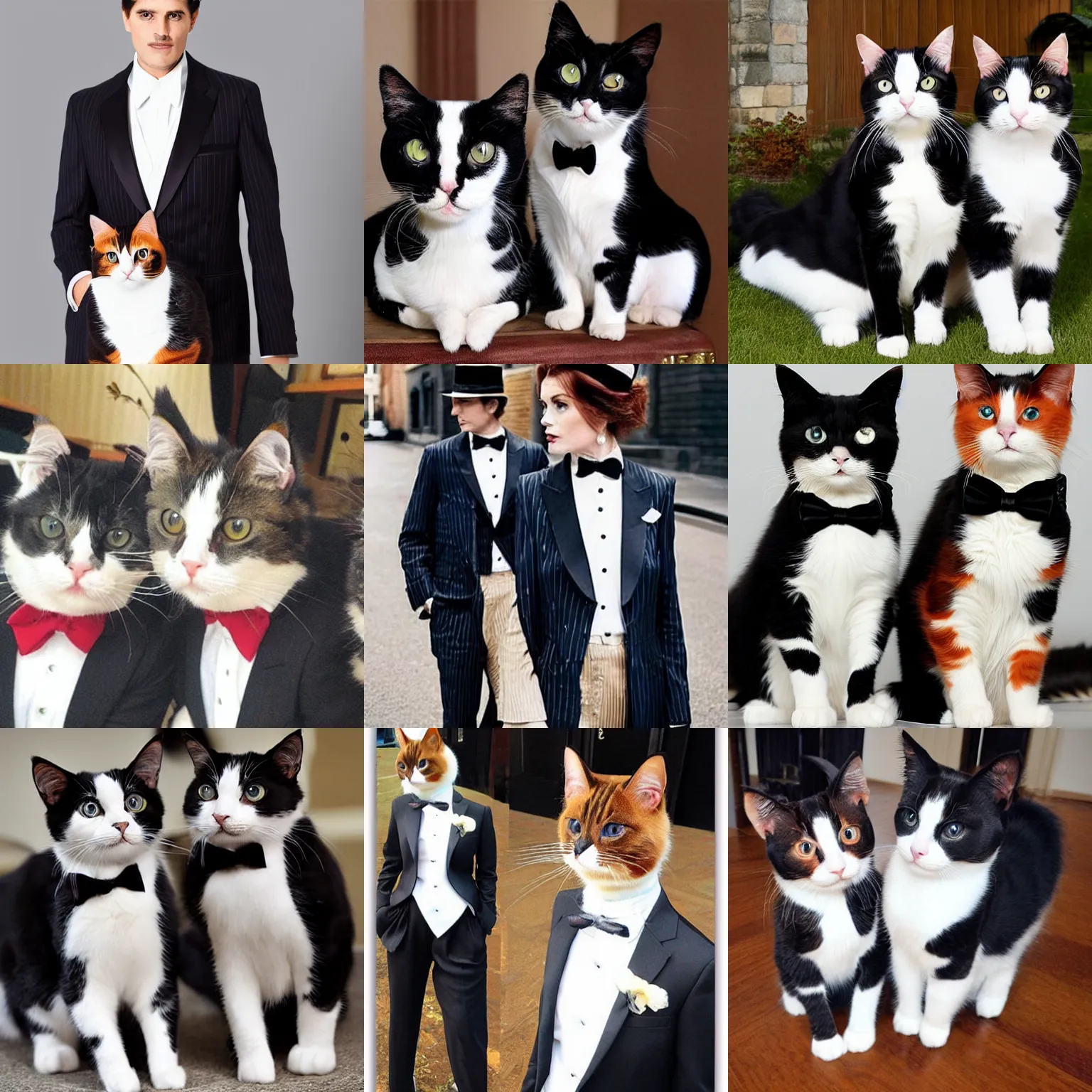 Prompt: Calico cats in pinstripe tuxedos