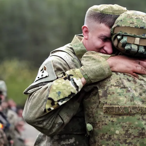 Image similar to a picture of two soldiers. a soldier from ukraine and russia are hugging peacefully