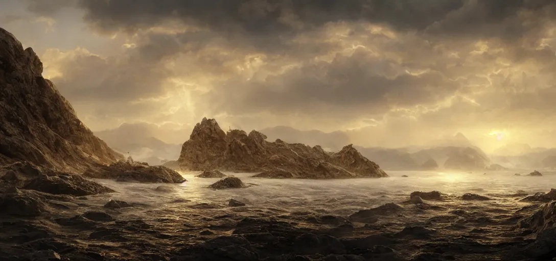 Image similar to octane render uhd, 8 k art photography, filmic lighting, cinematic art shot, hyperrealistic, hyperdetailed, super detailed, 8 k, high resolution, vast dark granite landscape with mysterious strangle glowing crystalline structure made of white rocks in the far distance, particle simulation, painting by ross tran and ivan aivazovsky, black water, sunset