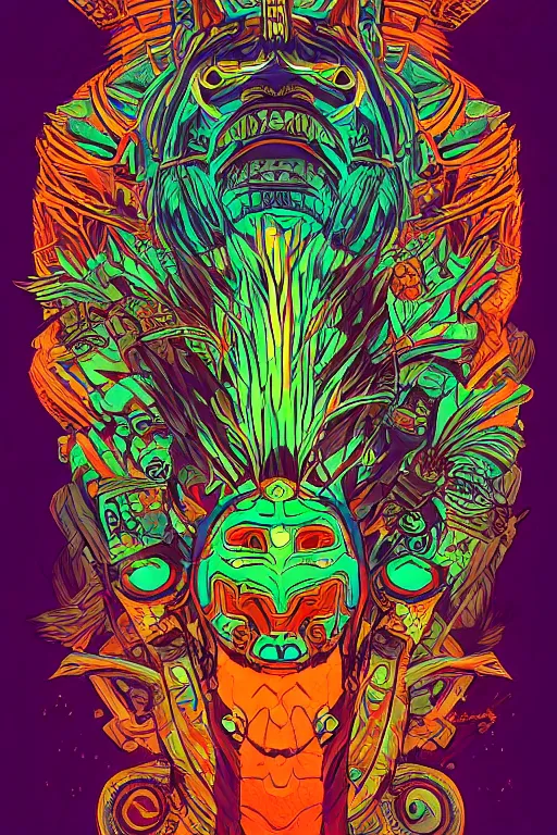 Image similar to totem animal tribal chaman vodoo mask feather gemstone plant video game illustration vivid color borderlands and by feng zhu and loish and laurie greasley, victo ngai, andreas rocha, john harris radiating a glowing aura