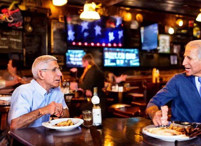 Image similar to Anthony Fauci and Biden having dinner at a Dive bar restaurant, award winning cinematic photography, 50 mm, blurred background, trending on twitter