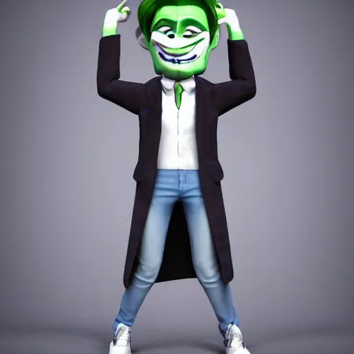 Image similar to octane render of a human version of the trollface meme with joker makeup and wearing a suede jacket and jeans, 8 k, very detailed, very intricate, white background,