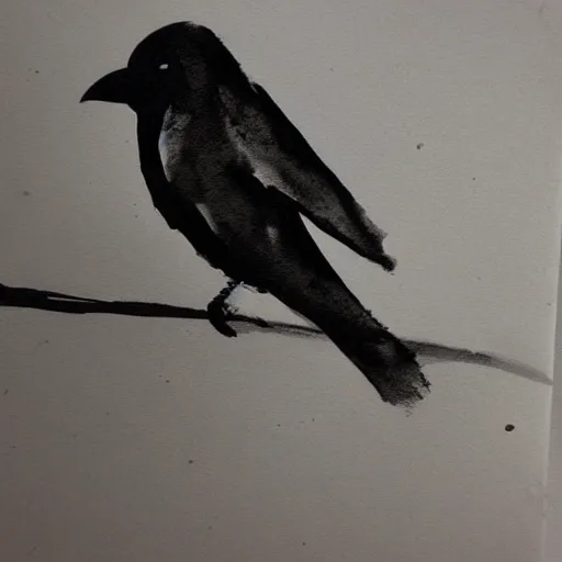 Prompt: ink wash painting of a black bird in the sky