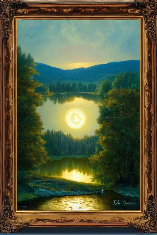 Image similar to fork lake, painted by darrell k. sweet and edd cartier, trending on artstation, moon light fish eye illustrator, bokeh, magic realism, dutch golden age, expressionism