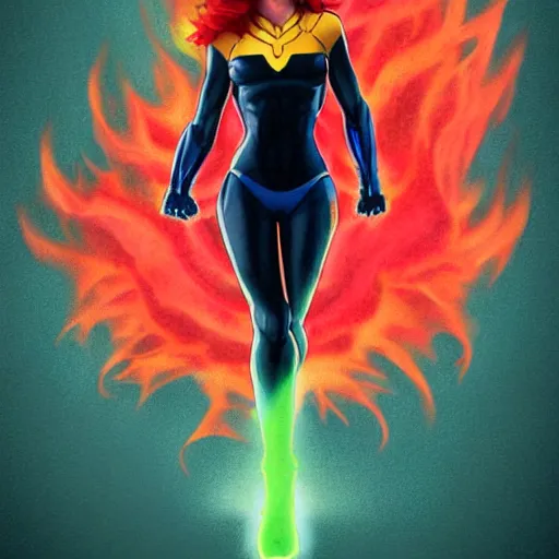 Prompt: jean grey, a full body portrait of jean grey, green eyes, red hair, phoenix rising, flames, flying, comic, x - men, highly detailed, artstation, symetry, digital painting, vivid colors, realistic shaded perfect face, soft lighting, atmospheric, sharp focus, moody, in the style of alex ross, 8 k