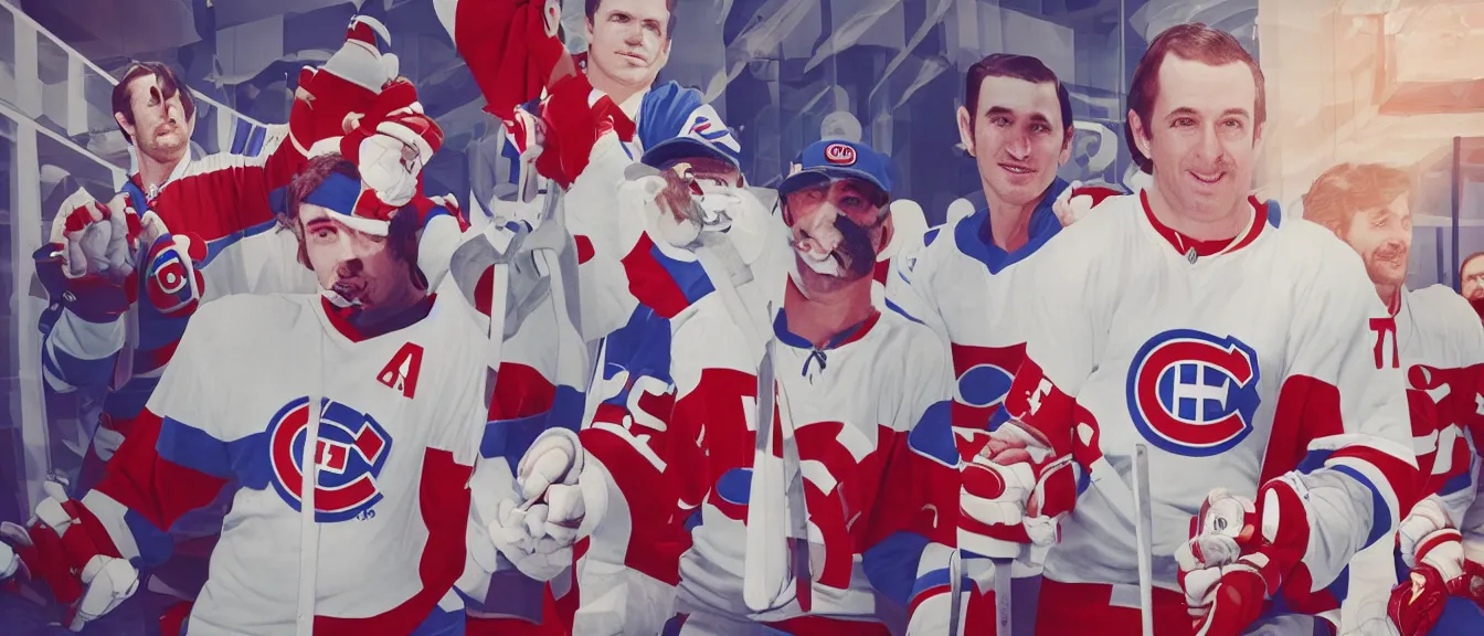 Image similar to vogue photoshoot octane render of 1 9 7 0 s habs players with white background and stanley cup, focus bright colorful pastel exotic vintage boutique hotel lounge, very short depth of field, bokeh