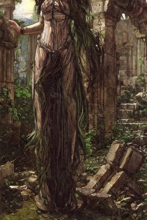 Prompt: female dryad girl among ancient cybernetic ruins scifi by waterhouse