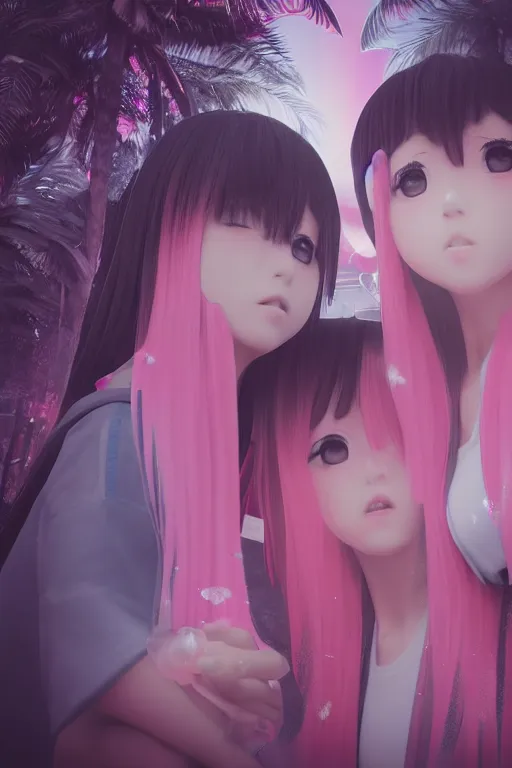 Prompt: 3d realistic dramatic infrared Polaroid anime photo of two embracing schoolgirls in a subway station in Japan. Close-up portrait. There are pink palm trees and translucent jellyfish flying around. Volumetric composition. Pastel colors, redshift, octane, cinematic, hyper realism, high detail, 8k