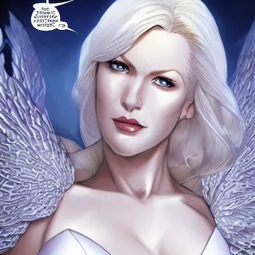 Image similar to portrait of emma frost, a beautiful woman in her 3 0 s with white blonde hair and blue eyes dressed in a fashionable white suit, detailed face, beautiful face, delicate features, smooth, sharp focus, graphic novel, art by artgerm and greg rutkowski and joe madureira and alan davis,