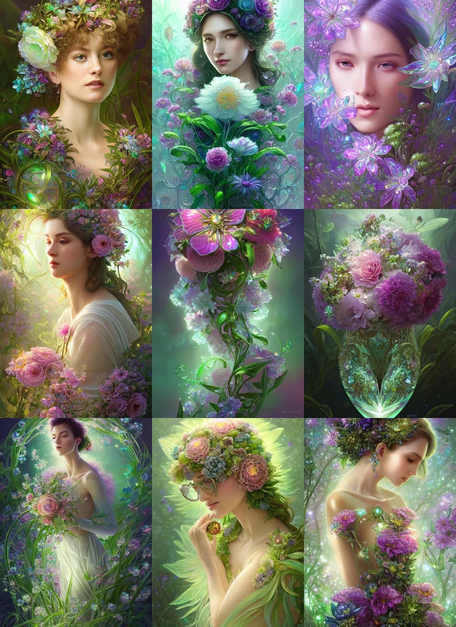 Prompt: iridescent diaphanous refractive and reflective crystal crystalline pearly floral flower bouquet, verdant, lush, overgrown, fantasy, intricate, elegant, highly detailed, digital painting, artstation, concept art, matte, sharp focus, illustration, hearthstone, art by artgerm and greg rutkowski and alphonse mucha