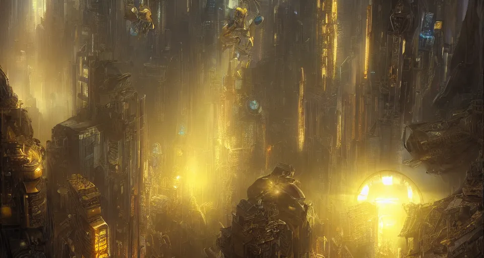 Image similar to golden prism biblically-accurate seraphim flying over a cyberpunk metropolis by Justin Gerard, Stephan Martiniere, and Quentin Mabille, detailed, dusk, intricate shading, volumetric lighting, artstation, 4k