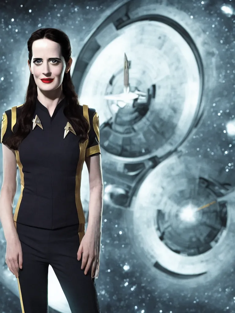 Image similar to a full body photograph of 3 0 year old eva green as a star fleet officer from star trek next generation, ultra rendered, extreme realism and detail, 8 k, highly detailed, realistic, completely framed, hyper realistic, colorful, direct lighting, 3 5 mm photo, photorealistic, sharp focus