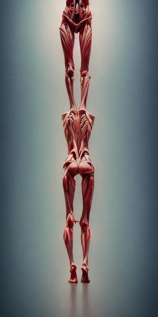 Image similar to poster design, full body anatomical model, 3 d photographic render of a deconstructed asymmetric human anatomical correct human body, in hoc signo vinces, waterfall, in the style of leonora carrington, gottfried helnwein, intricate composition, blue light by caravaggio, insanely quality, highly detailed, masterpiece, red light, artstation