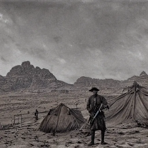 Prompt: ultra detailed photorealistic sepia - toned photograph from 1 9 1 7, a british officer in field fear standing at an archaeological dig site in wadi rum, ultra realistic, painted, intricate details, lovecraft, atmospheric, dark, horror, brooding, highly detailed, by angus mcbride