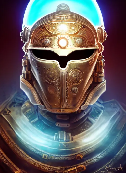 Image similar to the pale blond sun god apollo smirking, imperial centurion helmet, full body shot, steampunk, glowing eyes, volumetric lights, red and cyan theme, art nouveau botanicals, intricate, highly detailed, digital painting, artstation, concept art, smooth, sharp focus, cinematic, illustration, beautiful face, art by artgerm and greg rutkowski and alphonse mucha