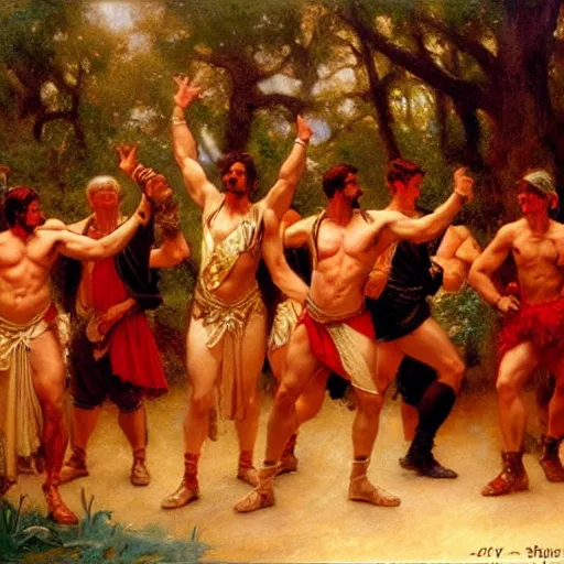 Image similar to hercules performs the ymca dance at a toga party matte painting gaston bussiere, craig mullins, j. c. leyendecker