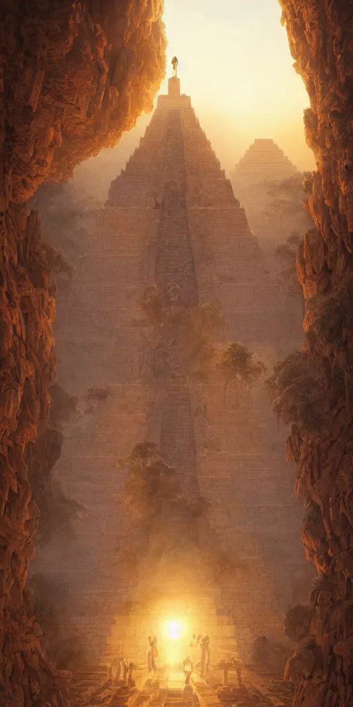 Image similar to symmetry!! people worshipping the mayan gods, surreal landscape, golden hour, very detailed, perfect composition, perfect lighting, 4 k, trending on artstation, greg rutkowski, derek zabrocki, artgerm, chuck close, ruan jia