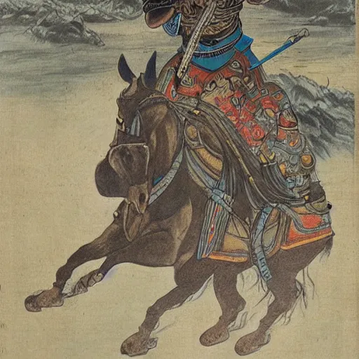 Image similar to a exotic metro pollynsdian warrior riding a horse through a river, painted by jorgihno gisbana and takashi tokyo, style of ultra capitalism surealism