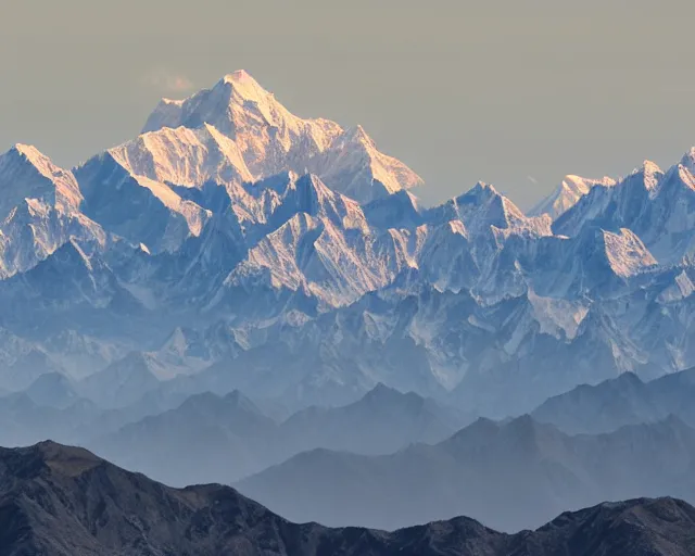 Prompt: 4 k hd, high resolution photograph of himalaya mountains seen from far away, shot with sigma f / 4. 2, 2 5 0 mm sharp lens, wide shot, high level texture render