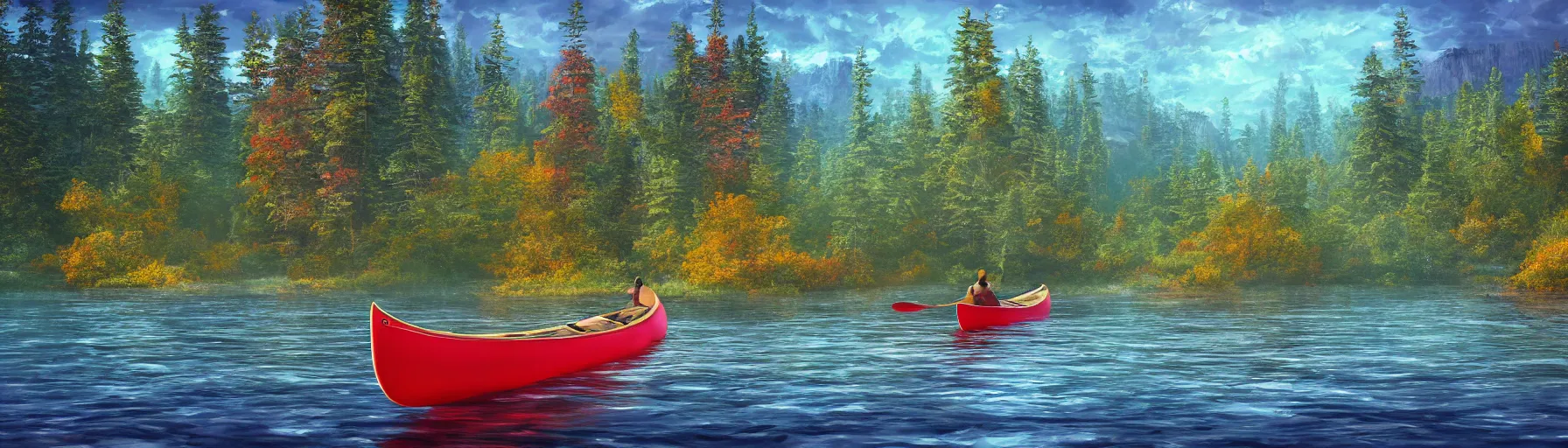 Prompt: canoe on a scenic northern Algonquin lake, vivid colors, high details, cinematic, 8k resolution, beautiful detailed, photorealistic, digital painting, artstation, concept art, smooth, sharp focus, illustration, fantasy background, artstation trending, octane render, unreal engine