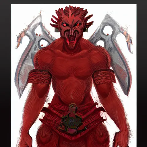 Image similar to a red scaly warrior with a cross for eyes, Character design, concept art
