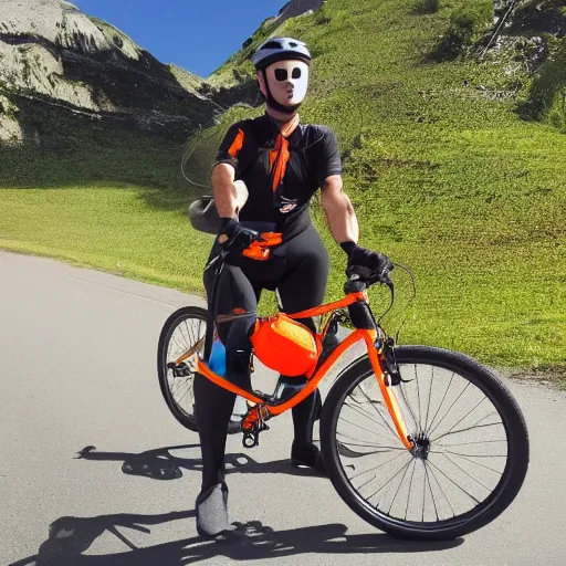 Prompt: pepe cyclist, orange road bike, jetpack, beer, helmet