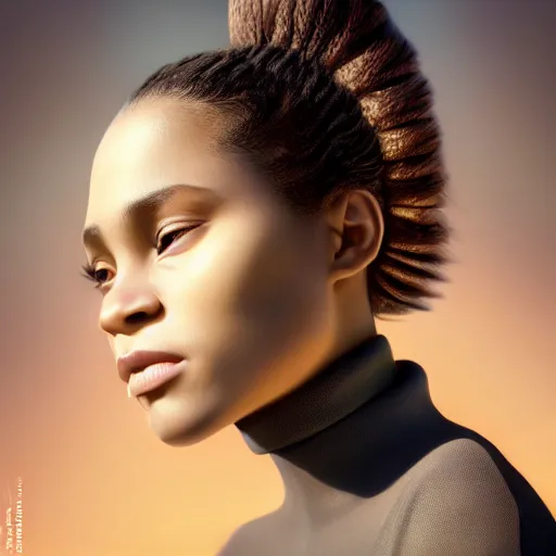 Prompt: a photorealistic hyperrealistic, bright brown eyes, light skinned african young girl, ponytail hair, flawless face, beautiful lips, cute face, black turtle neck shirt, by wlop, artgerm, greg rutwoski, alphonse mucha, beautiful dynamic dramatic low - light moody lighting, cinematic atmosphere, artstation, concept design art, octane render, 8 k