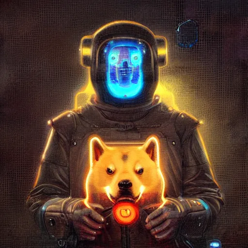 Image similar to tesla power armor realistic cyborg anthropomorphic shiba inu scifi kirlian photography electric field glowing, cyberpunk, portrait art by donato giancola and greg rutkowski, realistic face, glowing in tesla electricity visible magnetic field, digital art, trending on artstation, symmetry