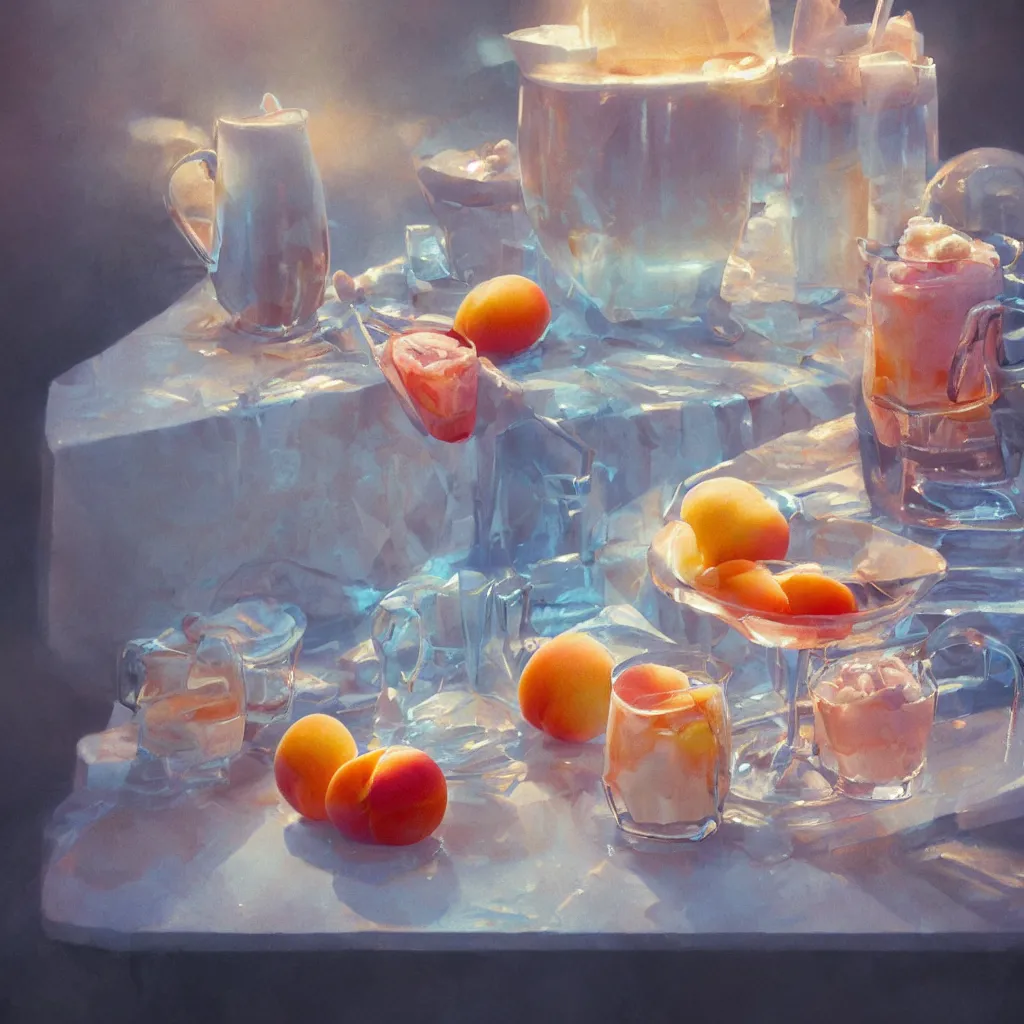 Prompt: a still life painting of cold drinks, ice cream, peach embellishment, in the style of makoto shinkai, dreamy, soft, global illumination, radiant light, intricate environment, luminescence, highly detailed, 8 k