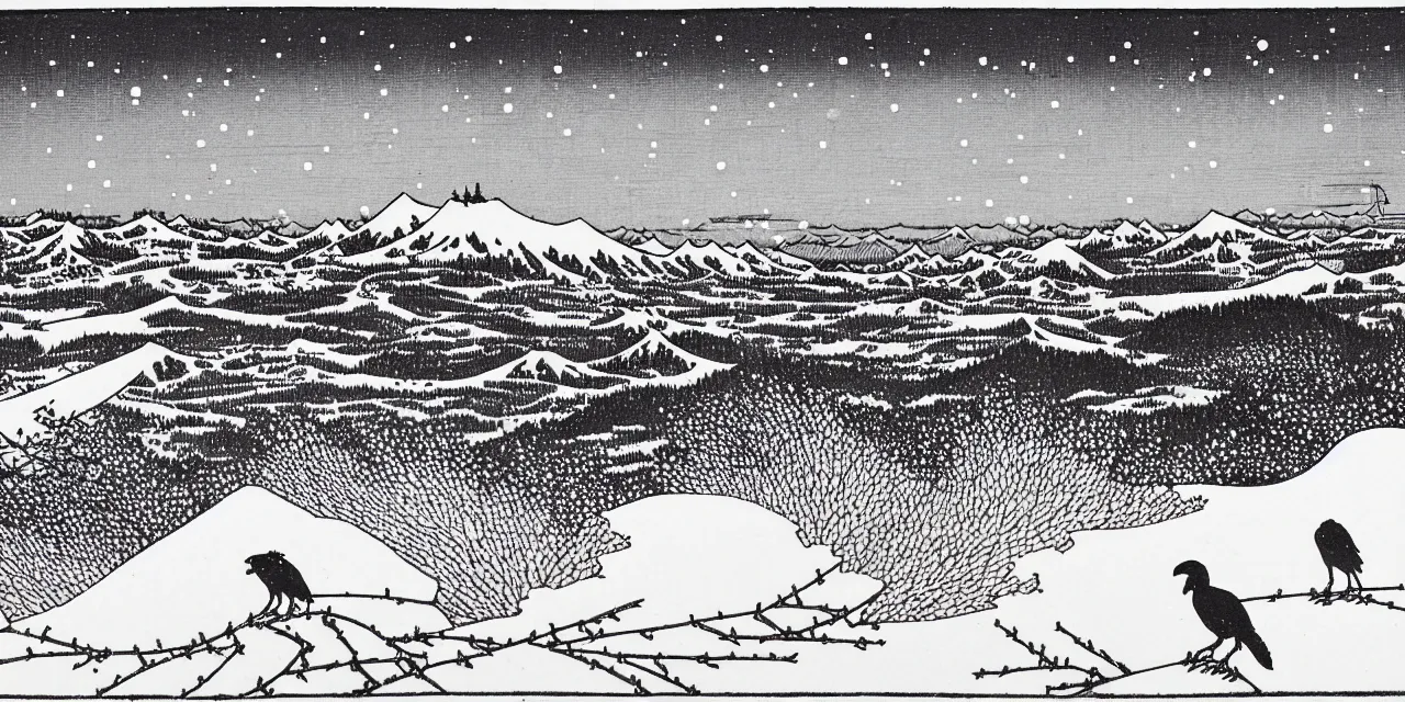 Image similar to laurentian appalachian mountains in winter, unique, original and creative landscape by hokusai, snowy night, distant town lights, aurora borealis, deers, ravens and crows, footsteps in the snow, brilliant composition, fascinating textures