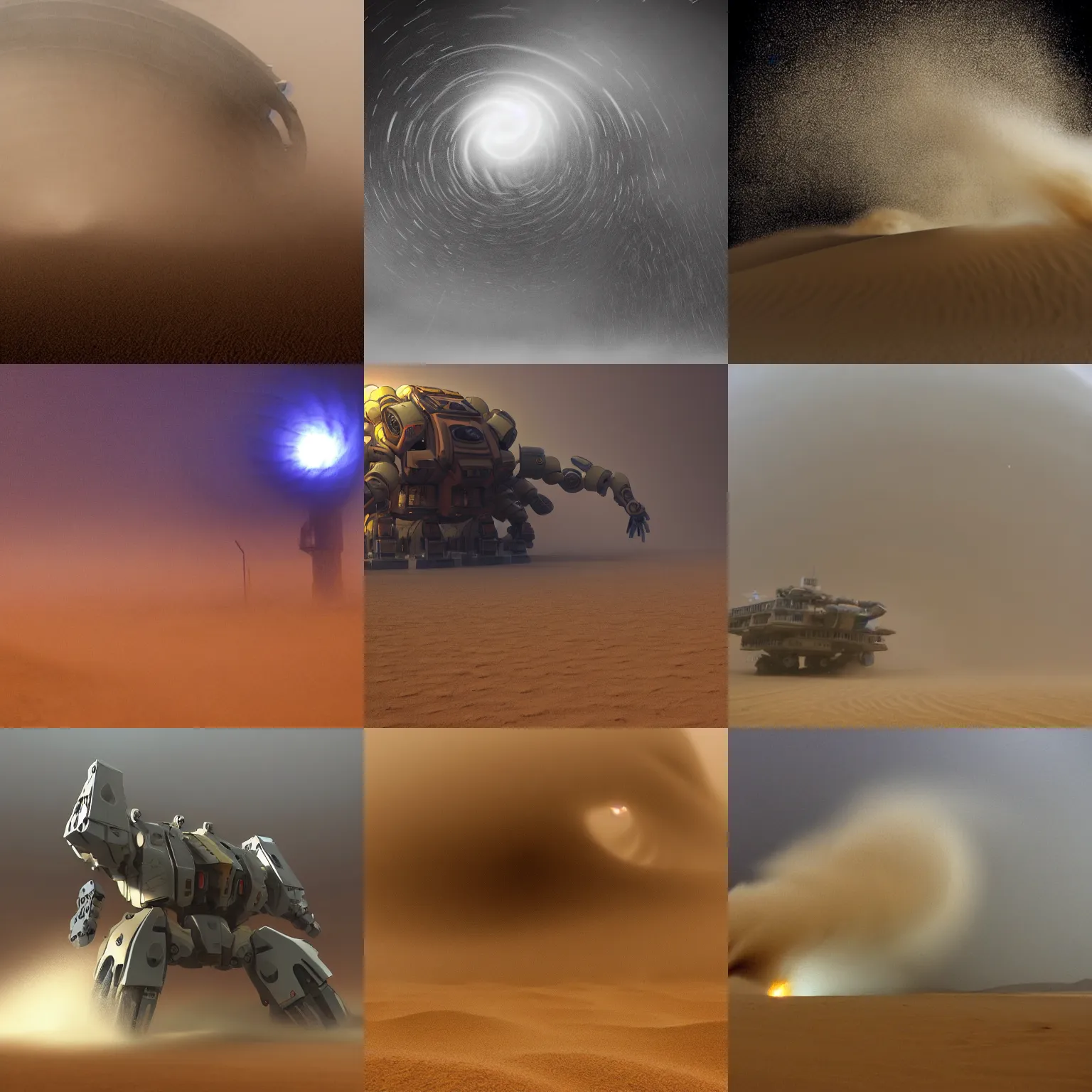 Prompt: heavy thick sandstorm swirling, rotating, spinning, almost covering a mega mech,