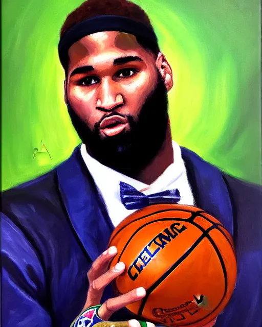 Image similar to portrait of demarcus cousins in boston celtics jersey, holding the larry o'brien trophy, oil on canvas by william sidney mount, champion, inspiring