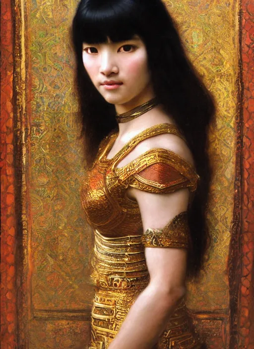 Image similar to beautifull asian queen cyborg with bangs curly Iranian orientalist portrait by john william waterhouse and Edwin Longsden Long and Theodore Ralli and Nasreddine Dinet, oil on canvas. Cinematic, hyper realism, dramatic lighting, high detail 4k