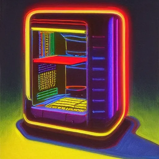 Prompt: a painting by Wayne Thiebaud of an RGB gaming pc!!!!!!!!!, cooling, high specs, ethereal!!!!!!!, by Wayne Thiebaud, neon gradient,