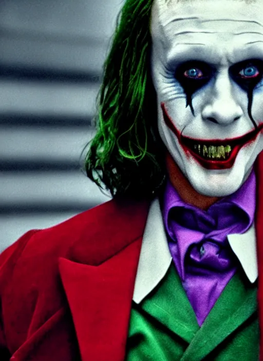 Image similar to film still of Jared Leto as The Joker in The Dark Knight, 4k