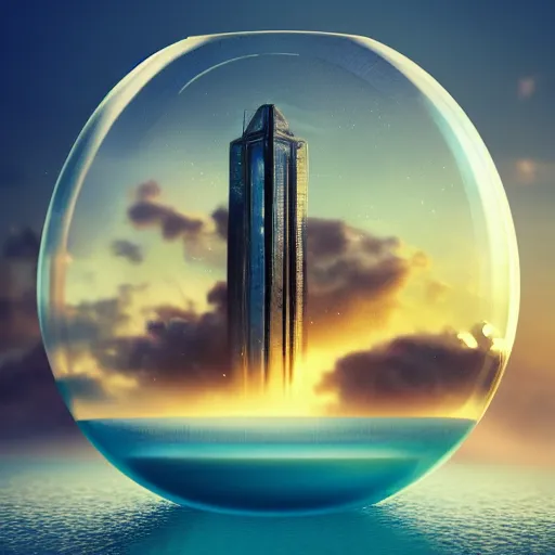 Prompt: miniature skyscraper inside a fishbowl, floating on clouds, realistic 3 d render, unreal engine, gardens, ecofuturism, solarpunk, maya, 8 k, vmax, award winning, trending on artstation, smooth, sharp focus, octane, twilight sunset background