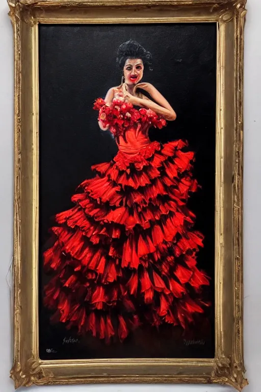 Prompt: vintage detailed oil painting of spanish flamenco dancer in mallorca wearing a red dress made of flowers, dress on fire, dimly lit by candles on the ground, looking away, dark shadows, photo realistic, extreme detail skin, no filter, slr, 4 k, high definition