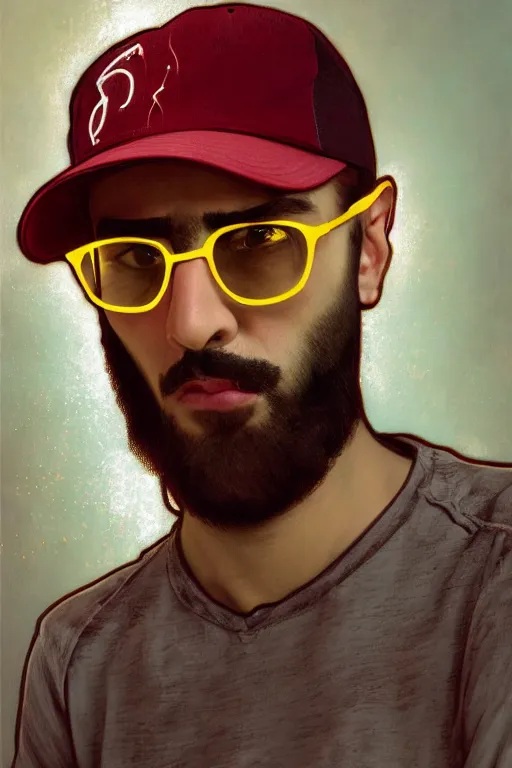 Prompt: hyperrealist portrait of a young ducktail bearded middle eastern american man wearing black wayfarer glasses and red baseball cap, it is decorated with long wires that fall like vines and small computers over their body. by jeremy mann and alphonse mucha, fantasy art, photo realistic, dynamic lighting, artstation, poster, volumetric lighting, very detailed faces, 4 k, award winning