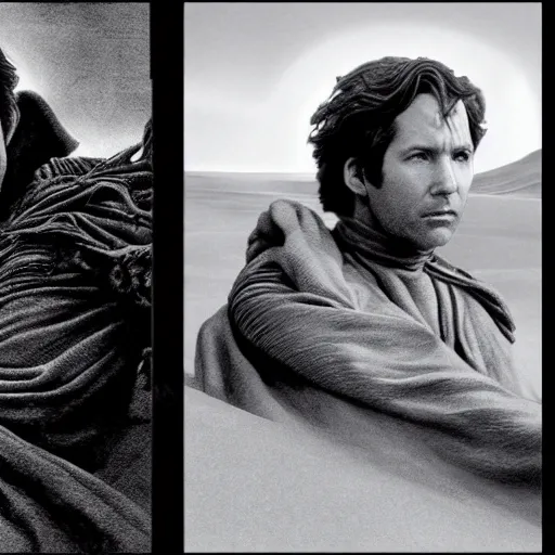 Image similar to Paul Rudd in the movie Dune, black and white matte painting, comic book