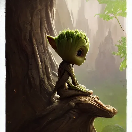Prompt: Cute Elven baby Groot and Yoda by Greg Rutkowski and Pixar, asymmetrical, Organic Painting , Matte Painting, geometric shapes, hard edges, street art, trending on the artstation, realistic:2 by Sachin Teng:4