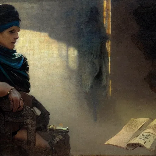 Image similar to half portait of magican wearing a closed cowl and big old book! chained to the wrist, jeremy mann, jean - leon gerome, tiepolo, alphonse mucha, greg rutkowski, face in the shadows, ( ( ruins of ancient rome ) ), at dusk, mysterious atmosphere, sunrays, dof, high detailed, 8 k