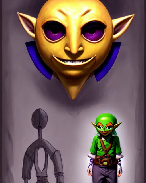 Image similar to character concept art of the happy mask salesman from the legend of zelda : majora's mask | | handsome - fine - face, pretty face, realistic shaded perfect face, fine details by stanley artgerm lau, wlop, rossdraws, james jean, andrei riabovitchev, marc simonetti, and sakimichan, tranding on artstation