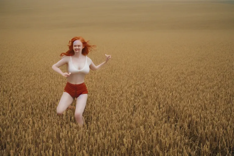 Prompt: voluptuous redhead girl running through the wheat field, soft light, 35mm film