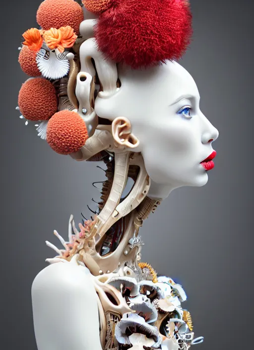 Prompt: biomechanical beautiful woman portrait with a smooth carved porcelain ivory profile face, futuristic haute couture, iris van herpin, headdress with daisies, colorful puffballs, mushrooms, rhizomorphs, brackets, sponge corals, laser cut collar, red lips, cyberpunk, fine tendrils, hyper detailed, ultra sharp, 8 k, uhd