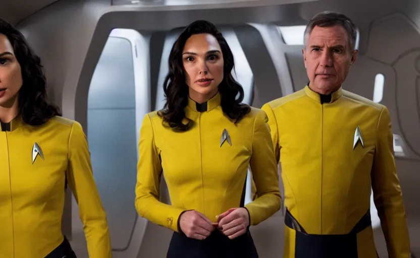 Image similar to Gal Gadot, wearing a yellow uniform, is the captain of the starship Enterprise in the new Star Trek movie