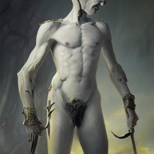 Prompt: fantasy painting of a pale man with a black blade covered in runes, painted by Bayard Wu, ultra detailed, 8k